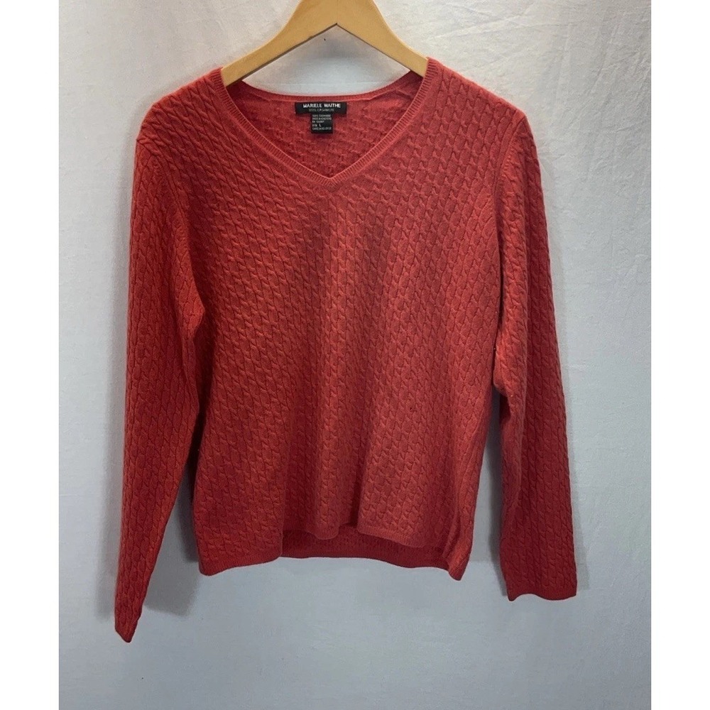 MARIELE WAITHE Womens Cable Knit V Neck 100% Cashmere Sweater Orange Sz L‎